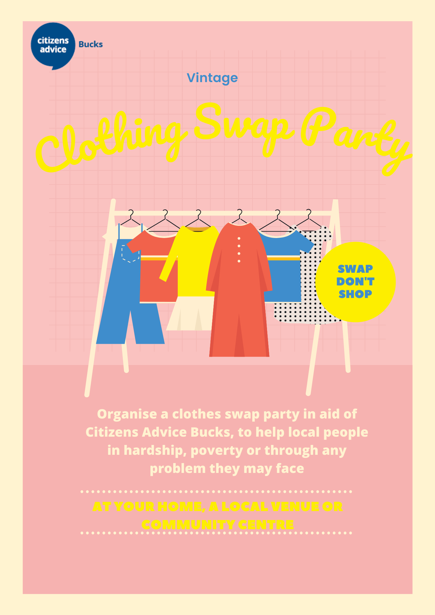Pink and Yellow Cute Illustrated Clothing Swap Donation Event Flyer